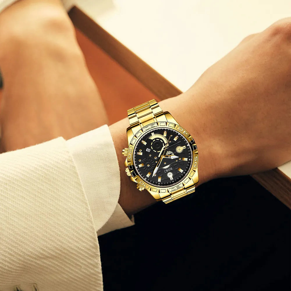 Gold-coloured men's stainless steel business quartz watch with calendar display