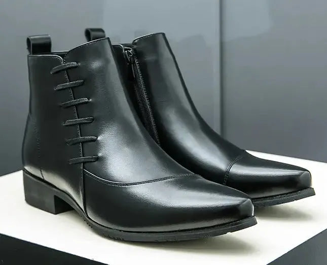 Men's high-top side zipper cow split leather boots in black and yellow colour-matching design, pointed toe, mid-calf shaft