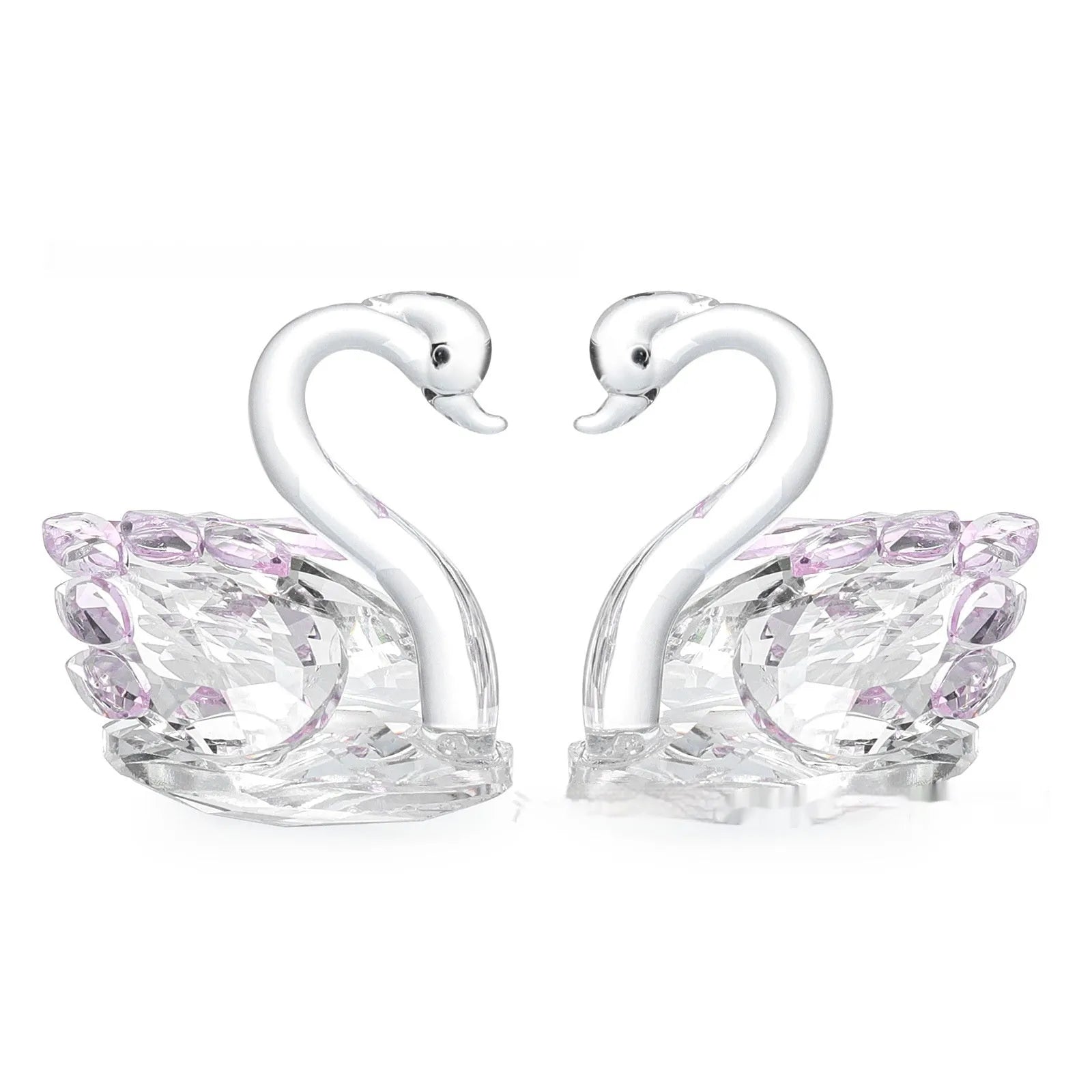 White crystal swan ornament on a desktop, shown in solid head and empty tube styles in red, blue, pink, and purple.