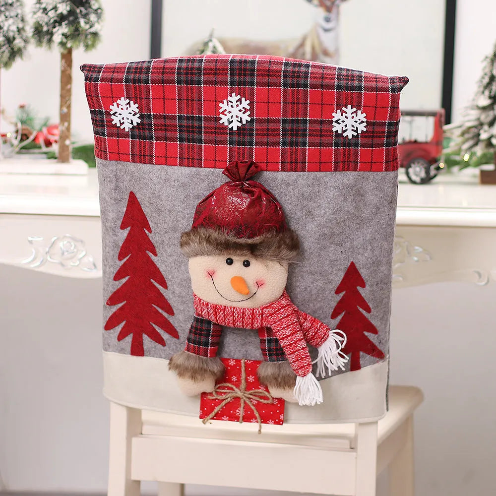 Three-dimensional cartoon chair cover set with Santa, snowman, and deer designs in cloth material