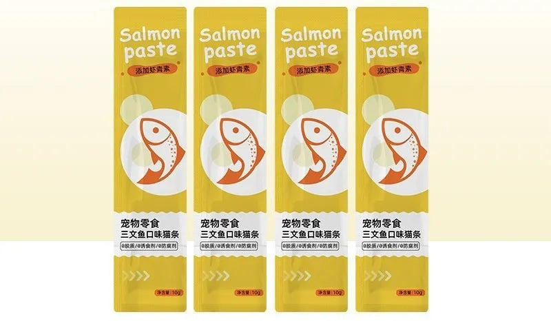 10-piece pack of cat strip snacks in four nutrition flavours for kitten development