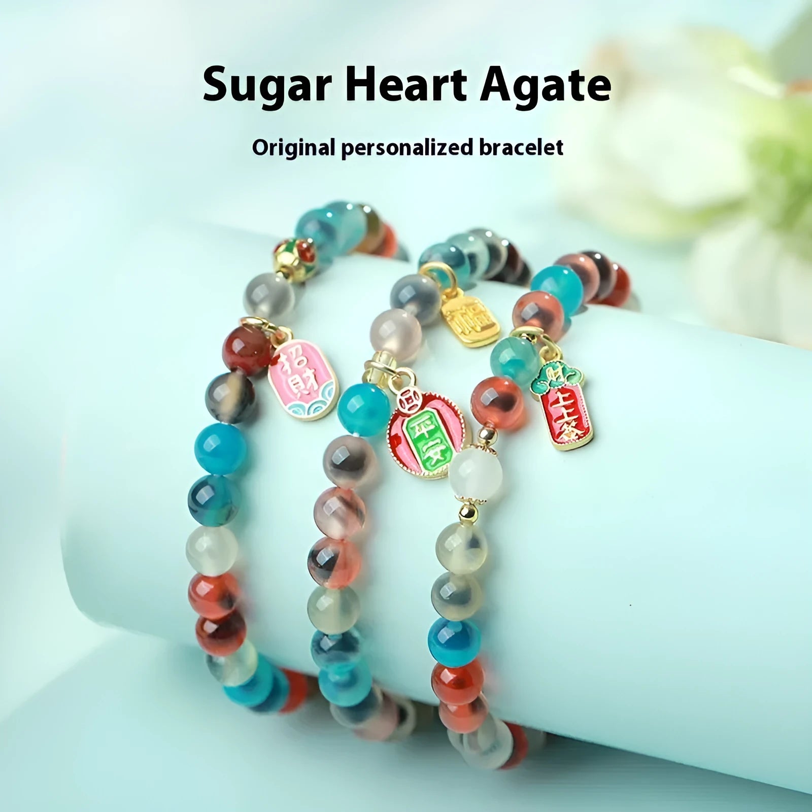 Women's agate bracelet with copper coin snake chain and coloured glaze detailing in geometric bead design