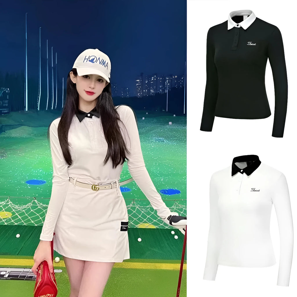 Women's white golf top with long sleeves and slim fit for outdoor sports