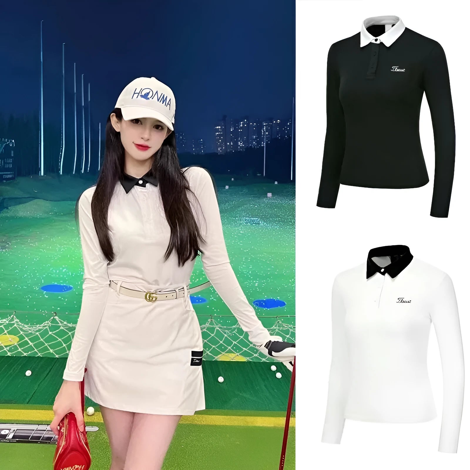 Women's white golf top with long sleeves and slim fit for outdoor sports