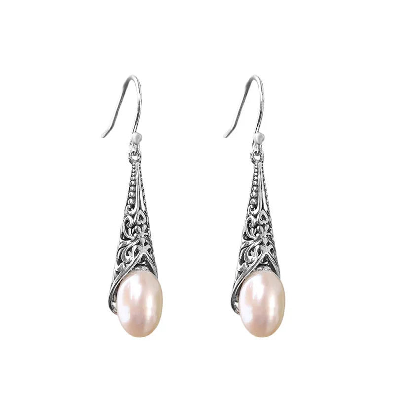 S925 silver inlaid Baroque long pearl earrings teardrop shape women's earrings