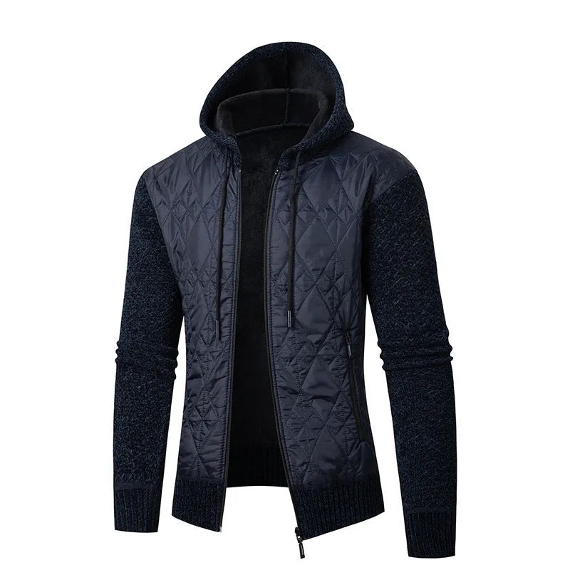 Men's grey hooded sweater coat in wool and corduroy with cinched cardigan style for winter