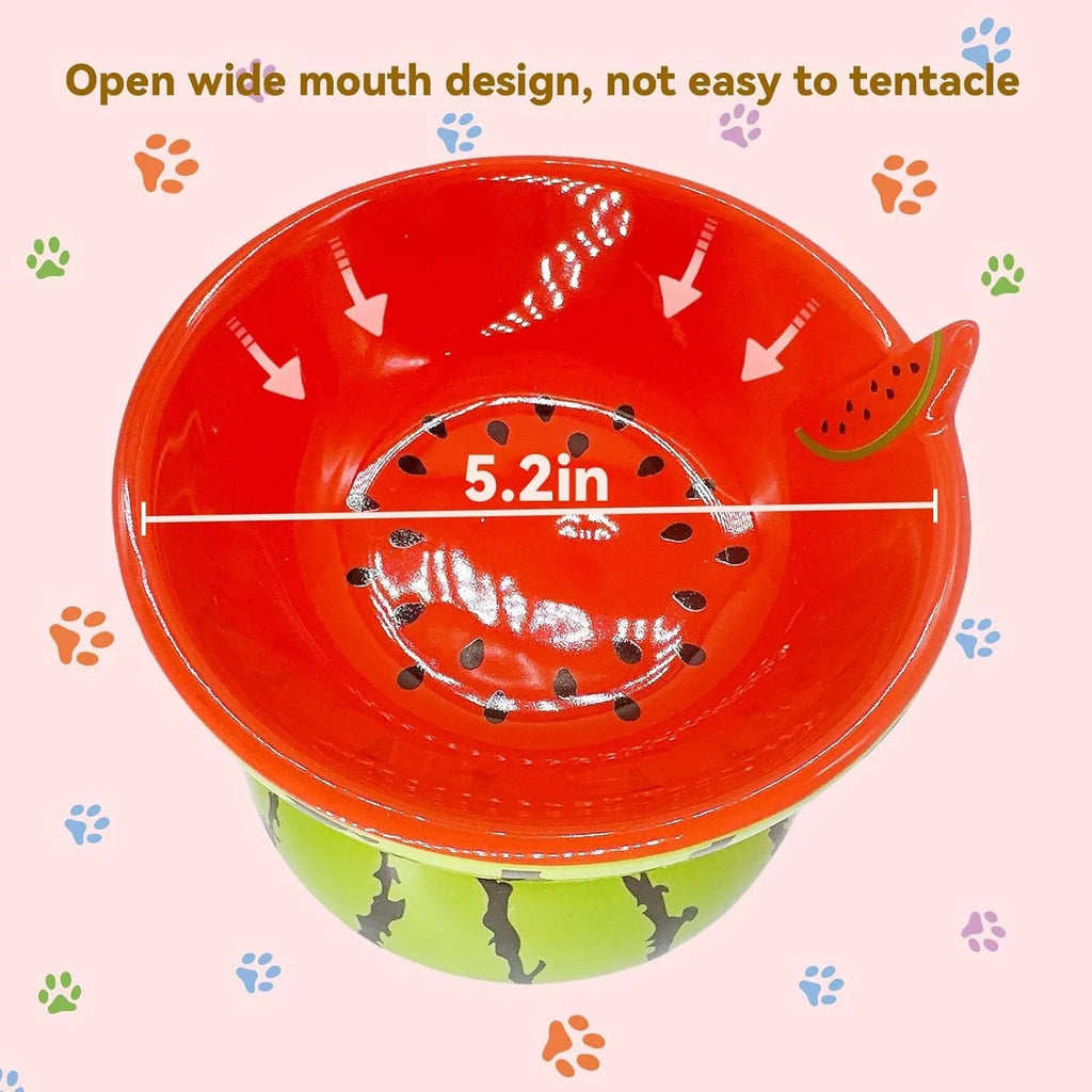 Ceramic raised cat bowl with tilted design in orange, pitaya or watermelon pattern.