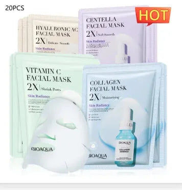 Collagen and Hyaluronic Acid facial sheet mask set with 30g gel formula on white background