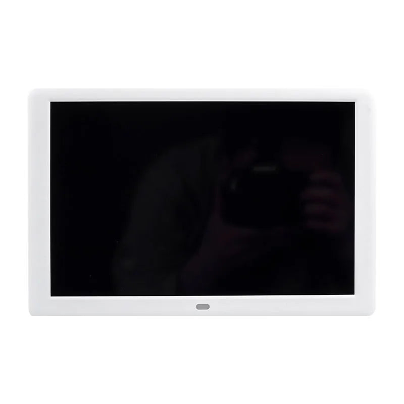 10 inch IPS digital photo frame in black with bracket showing a picture on screen