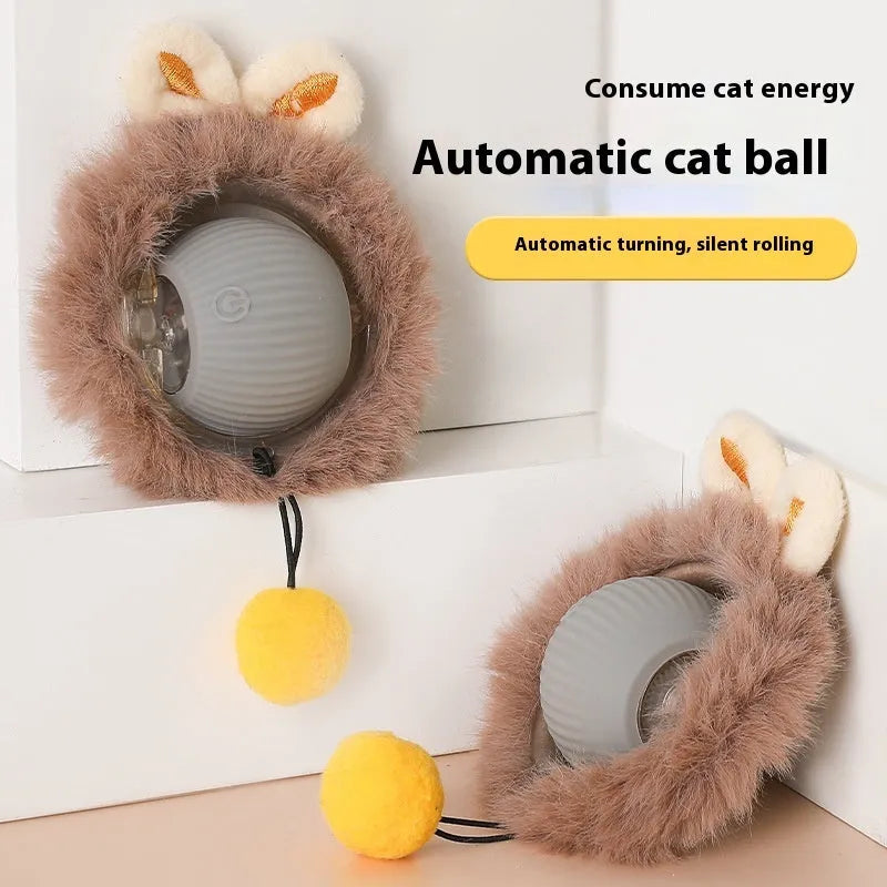 Silicone cat rolling ball toy in green, grey, red, and pink plush designs with optional rope attachment