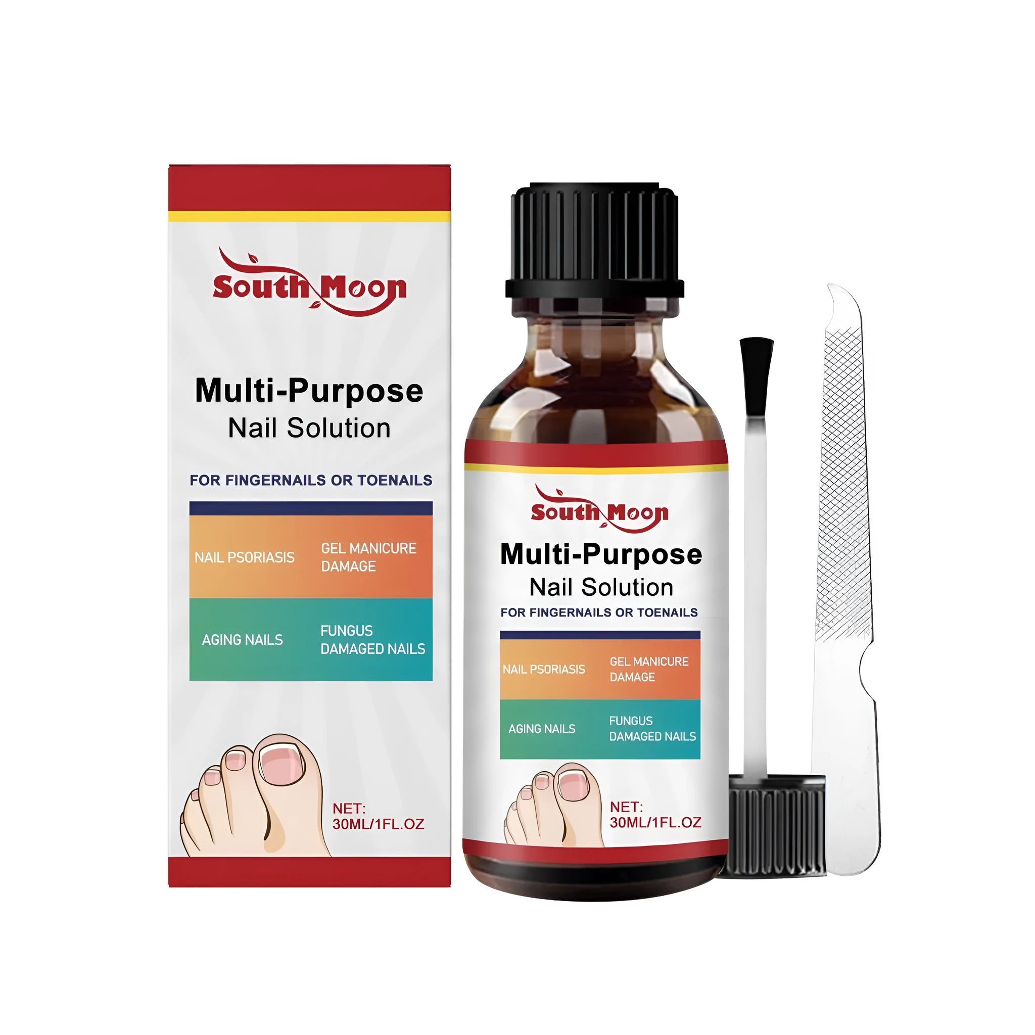 30ml nail care solution bottle with tea tree oil, white willow bark and Danggui alongside a nail file