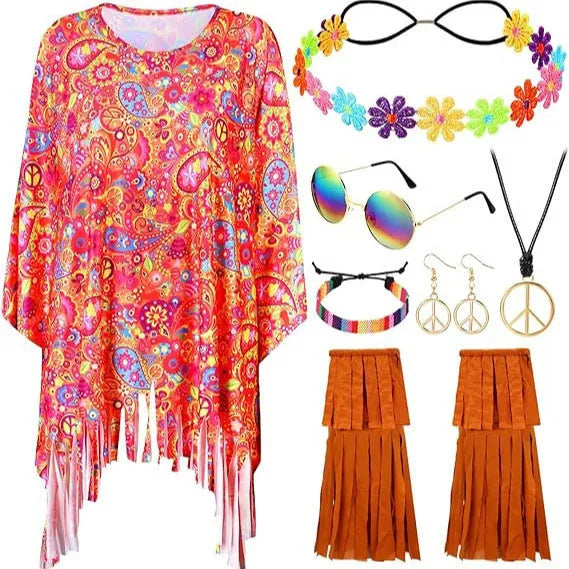 Colourful tie dye spandex cloak costume with voluminous bell sleeves for Halloween.