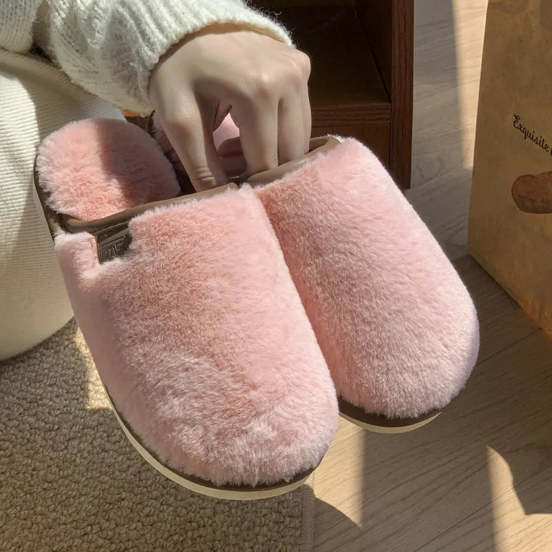 Winter plush slippers with PVC non-slip sole in blue, brown, coffee, pink and white solid colours