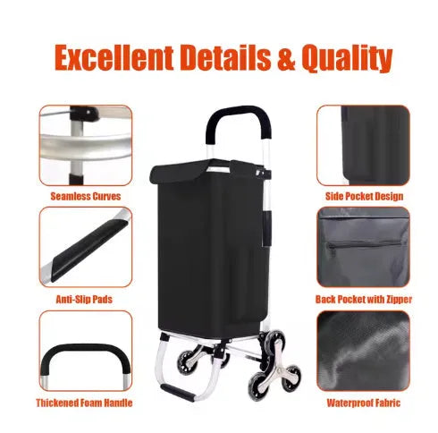 Black foldable shopping trolley bag with aluminium frame and 20cm casters