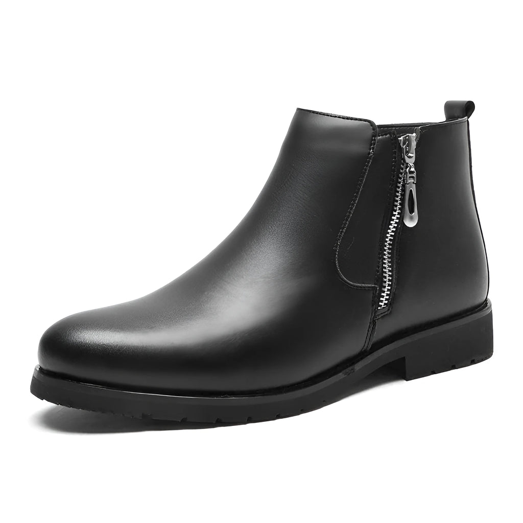Men's black leather formal shoes with cotton lining and rubber sole on a plain background