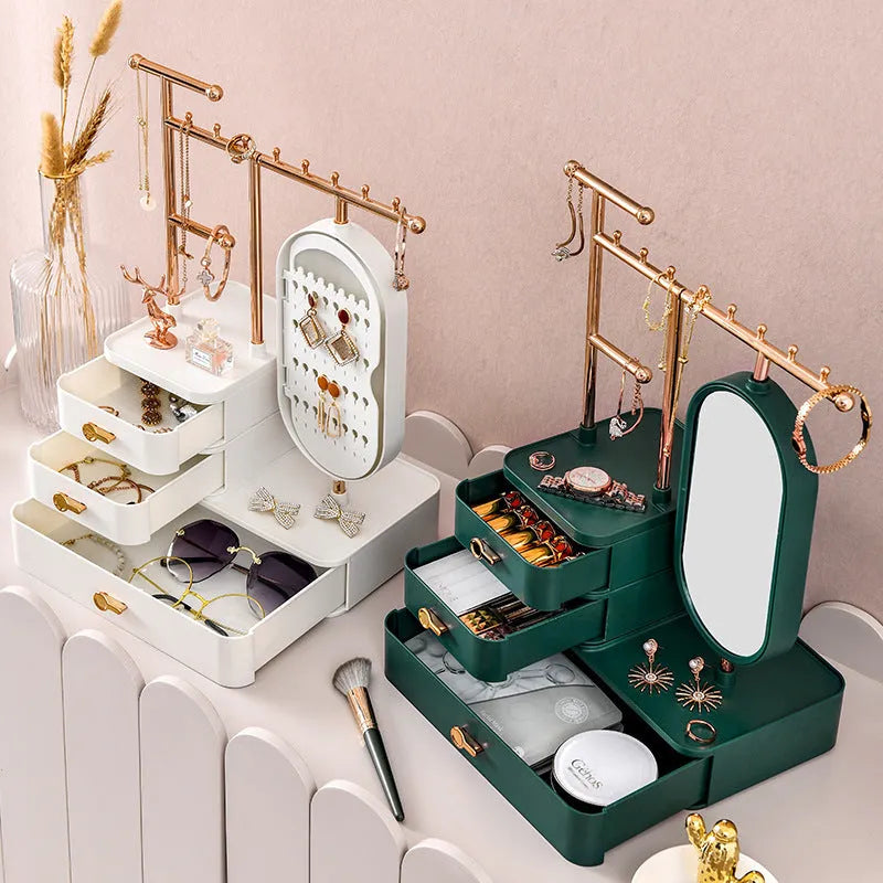 Light luxury cosmetics storage box with mirror in Pearl White, 27x17x18cm plastic desktop organiser