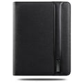Multifunctional rechargeable A4 PU folder with wireless power charger, 5000mAh battery, and mobile holder – available in black, blue, red.