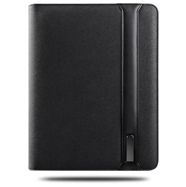 Multifunctional rechargeable A4 PU folder with wireless power charger, 5000mAh battery, and mobile holder – available in black, blue, red.