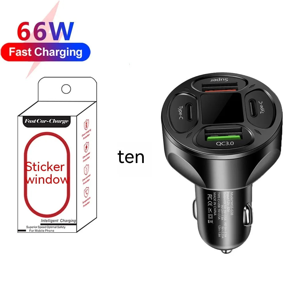 66W black and silver digital display car charger with two USB ports and two Type-C ports