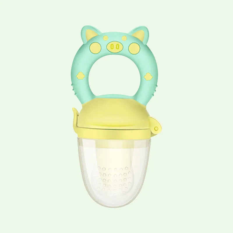 BPA-free silicone baby teether in blue, green, or pink colours showing single and triple mouthpiece design options