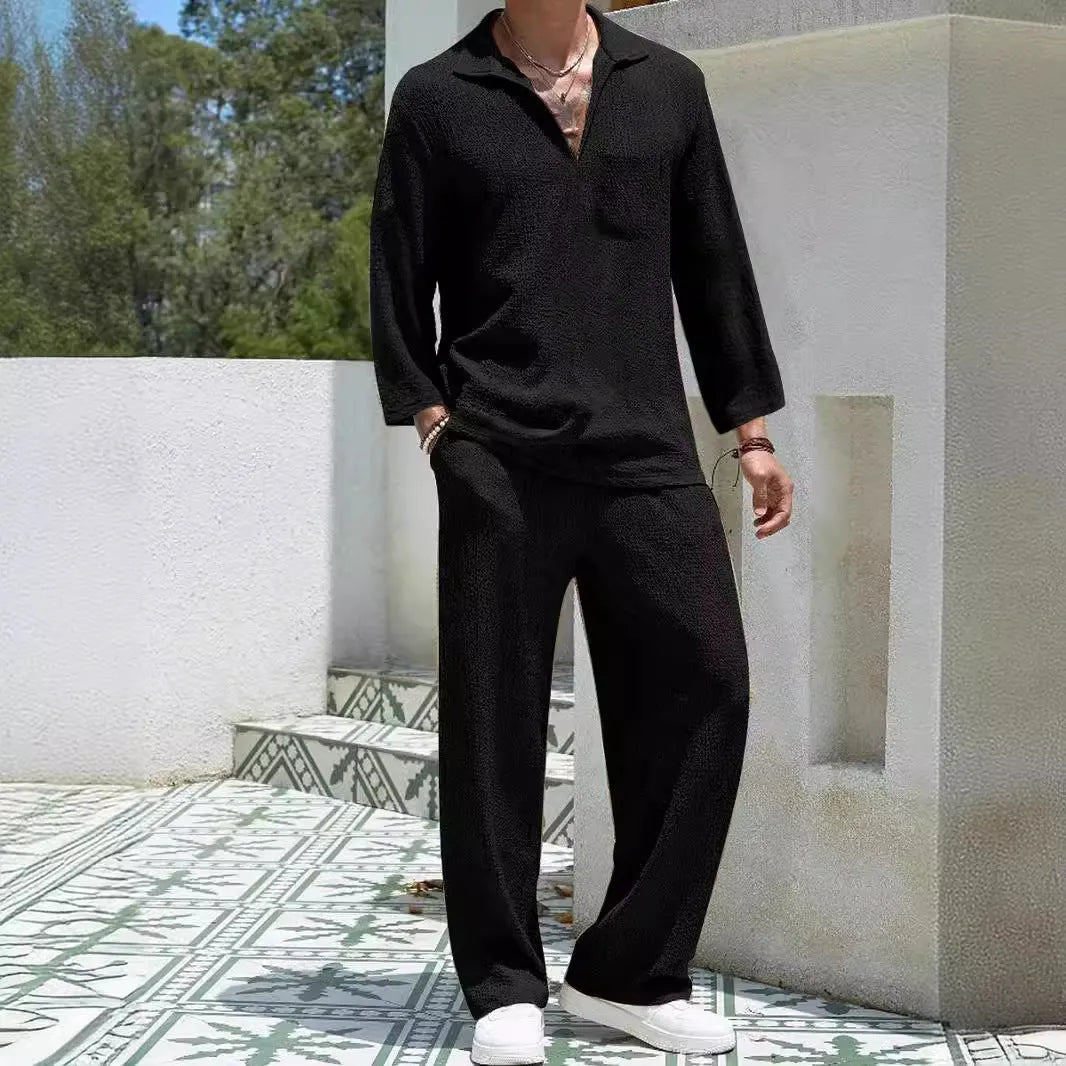 Men's casual polyester shirt and trousers set in lake blue, shown as a co-ordinated autumn leisure outfit.