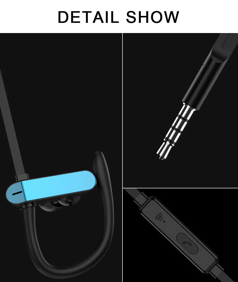 Sport running ear hook earbuds with microphone in black blue colour, showing flexible over-ear hook design.