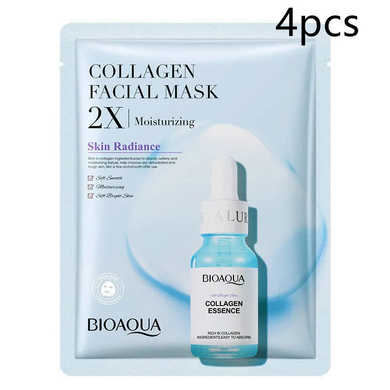 Collagen and Hyaluronic Acid facial sheet mask set with 30g gel formula on white background