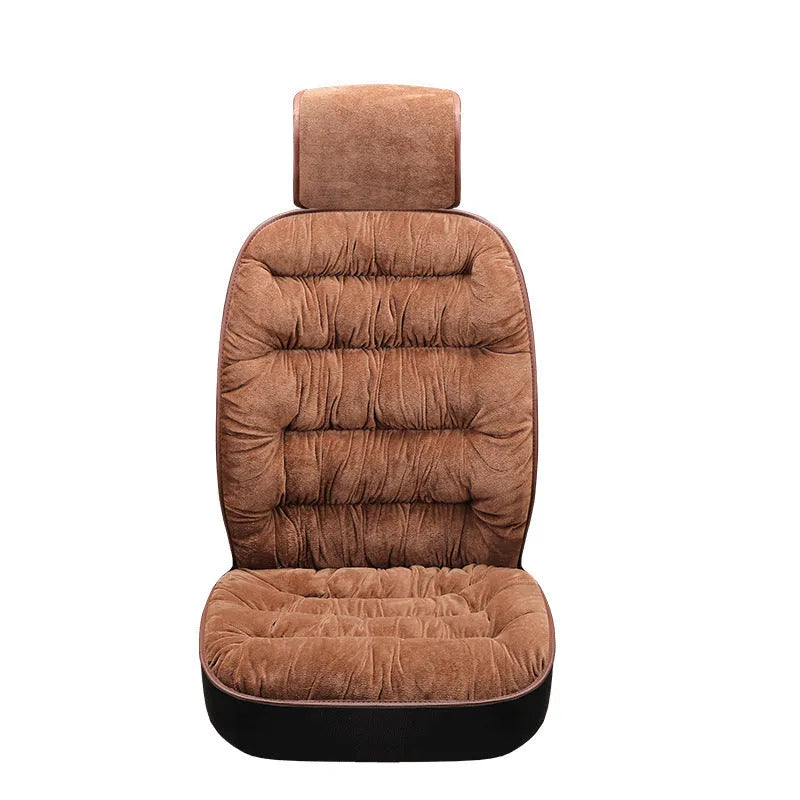 Universal winter warm plush car seat cushion set in beige, showing front seat cover with elastic fixings on a car interior