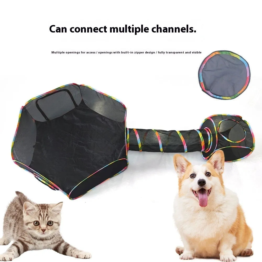 Foldable mesh cat play tent in hexagonal style showing mesh construction and interior space