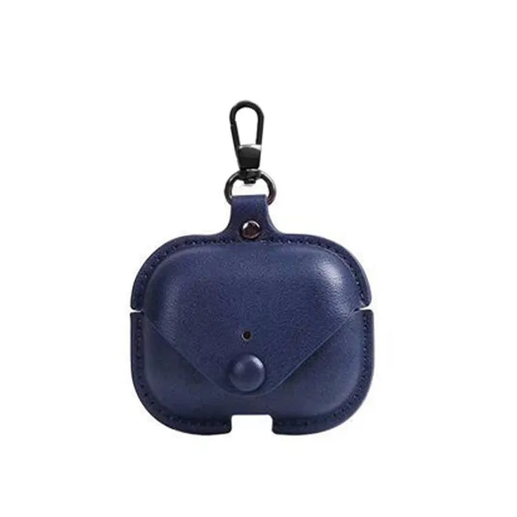 AirPods Pro protective leather sleeve in a cross-pattern PU material, showing car-line stitching detail.