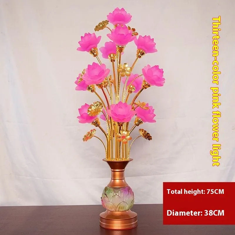 Colored glaze lotus lantern with alloy base, pink floral petals, and LED light for temple worship