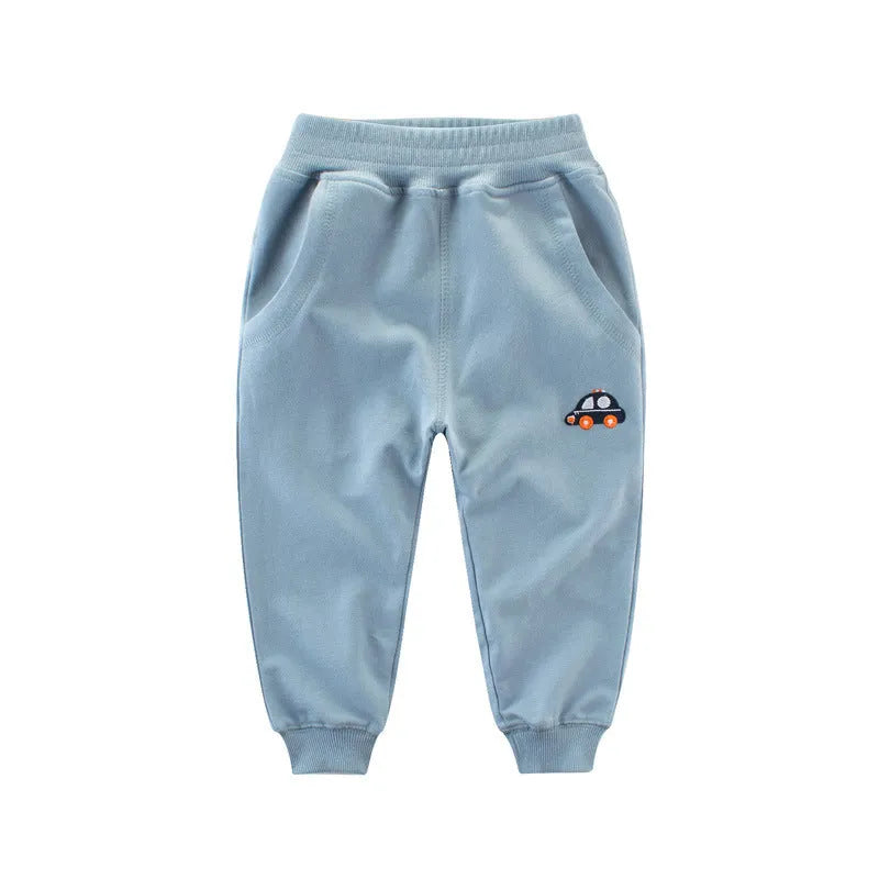 Boys Korean style sports sweatpants with cartoon pattern, soft treated fabric, available in blue green grey navy blue