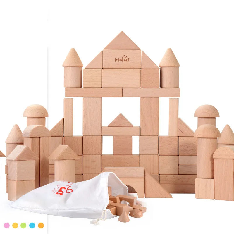 Wooden building blocks set in colour box with 80 beech wood pieces for DIY construction play