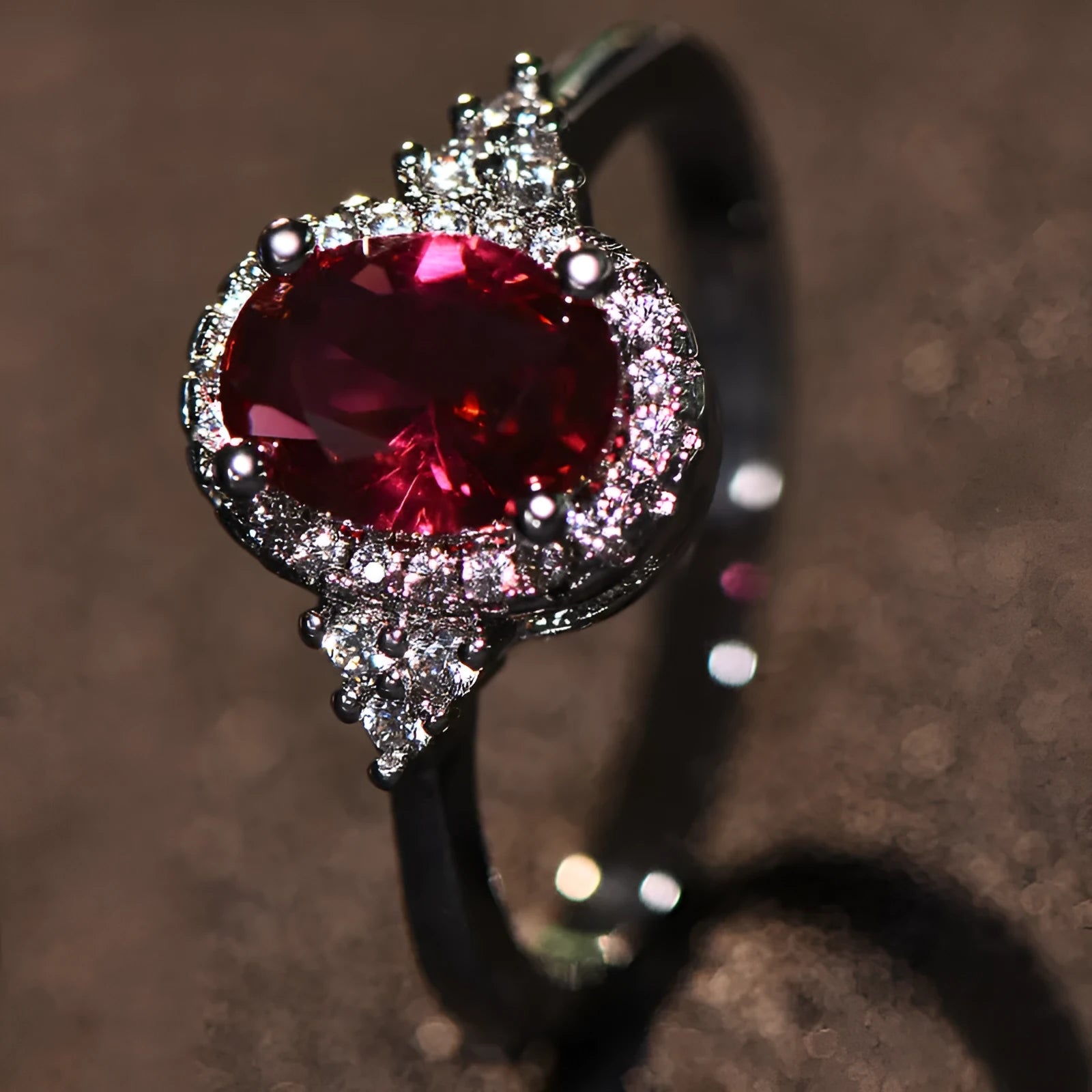 Oval ruby ring with diamond treatment in ruby white gold colour, adjustable copper women's ring