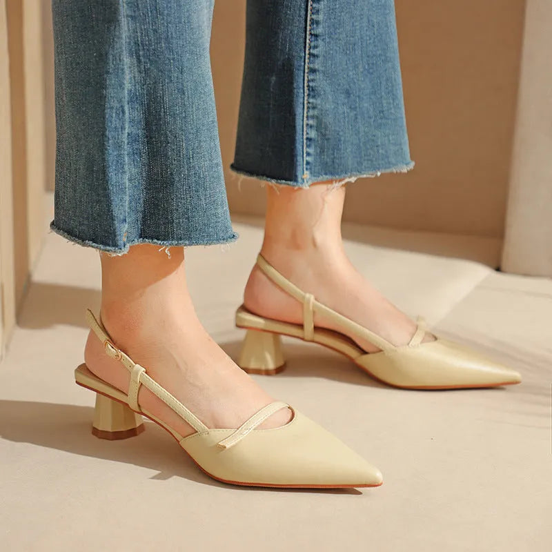 Women's chunky heel pointed sandals in beige with stitching detail and rubber sole
