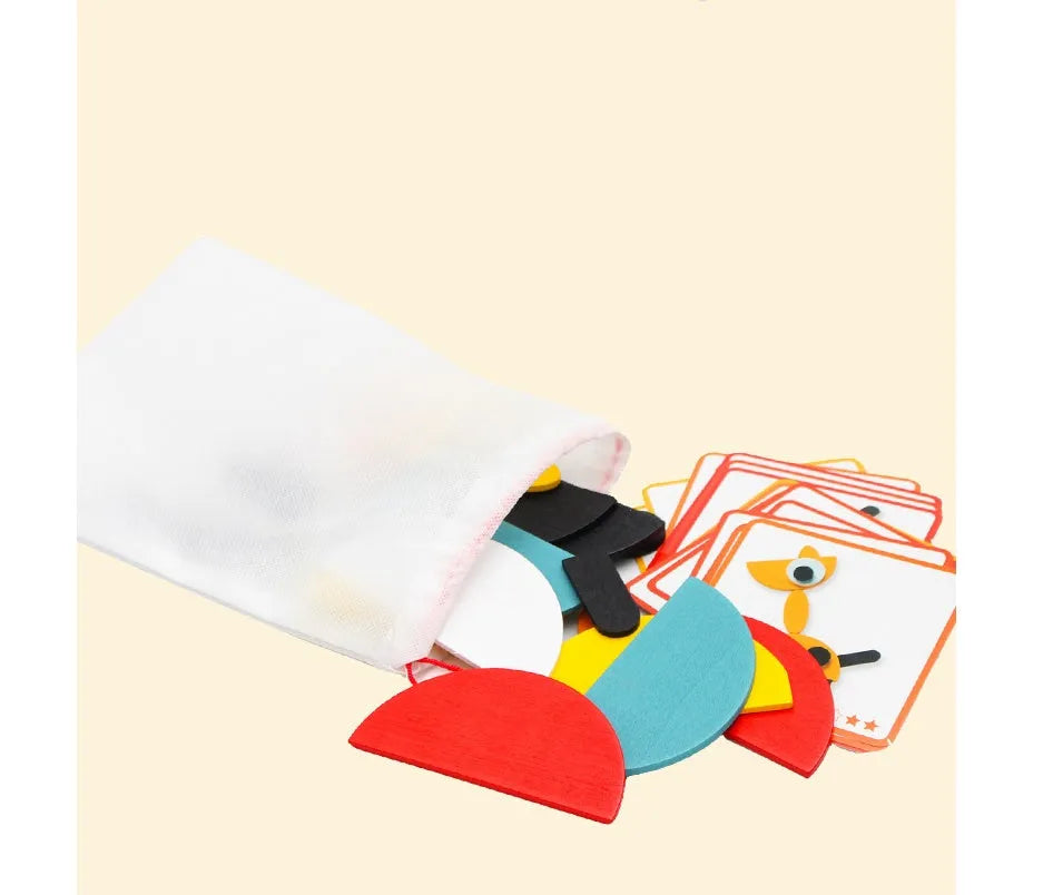 Wooden tangram 3D animals puzzle with multi-colour pieces on table