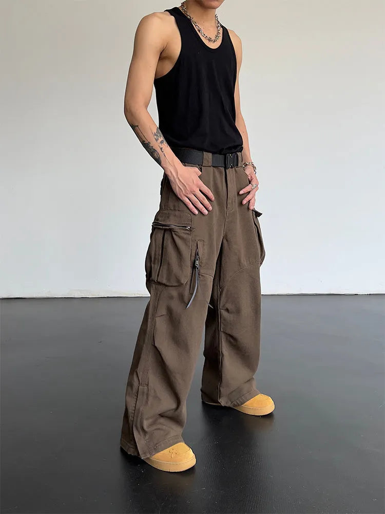 Vintage high waist loose wide leg trousers in coffee colour for women polyester fabric side view
