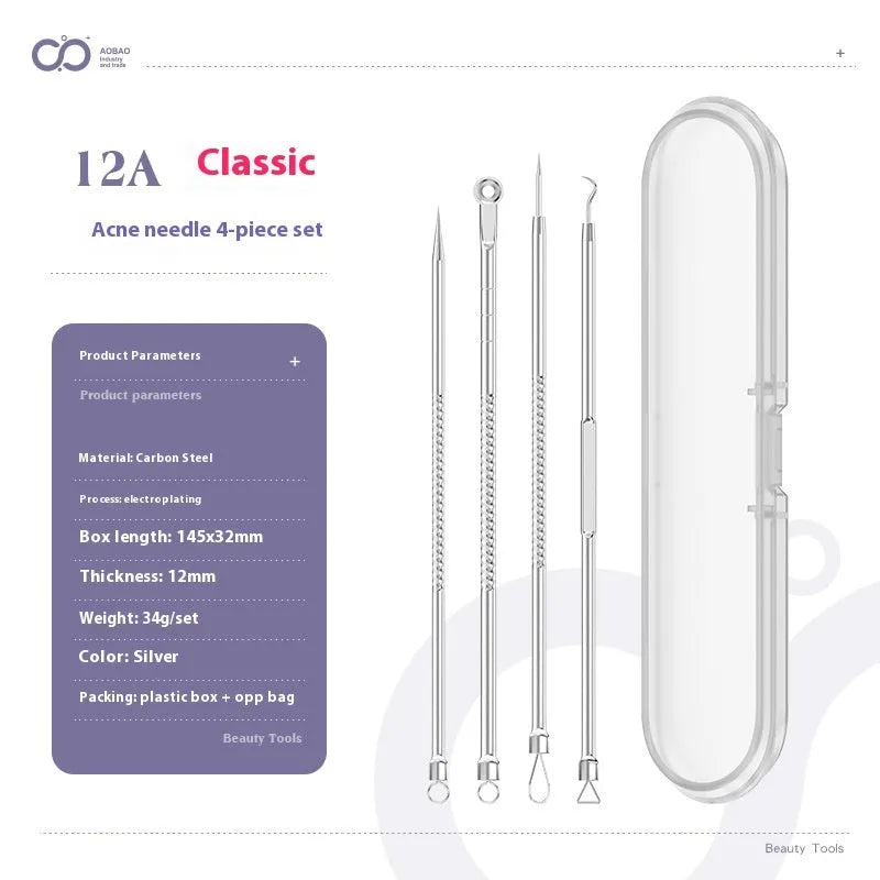 Four silver metal acne needles with ultra-fine pointed tips for skin treatment.