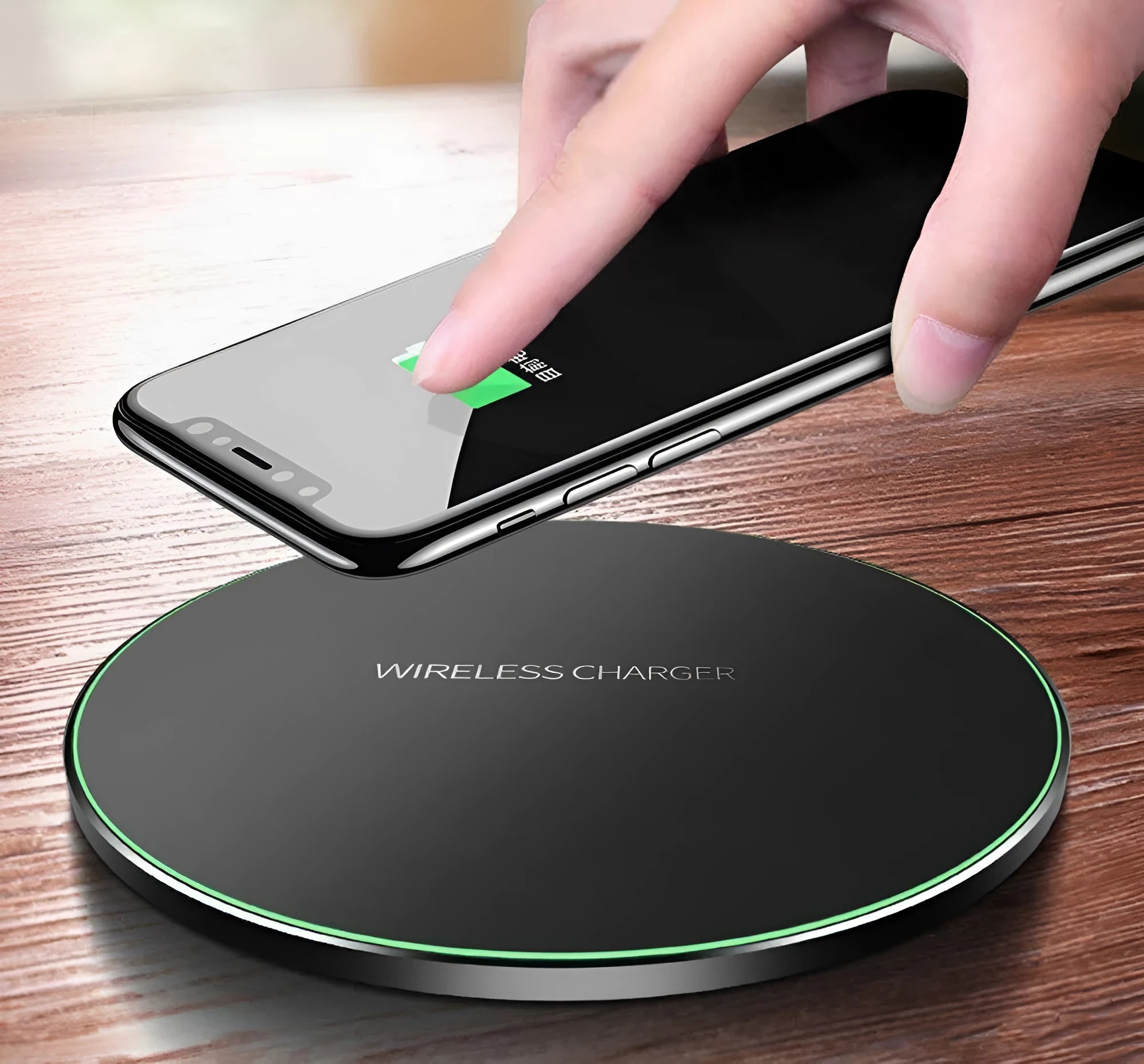 Ultra-thin black wireless charging pad measuring 98mm square with 6.5mm profile