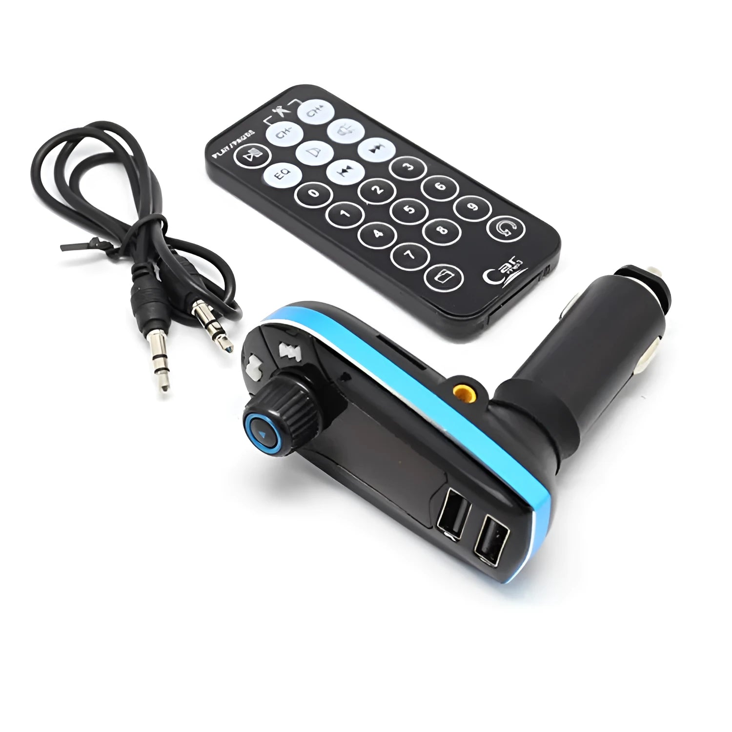 BT618C vehicle Bluetooth FM transmitter and MP3 player unit with LCD screen on black background.