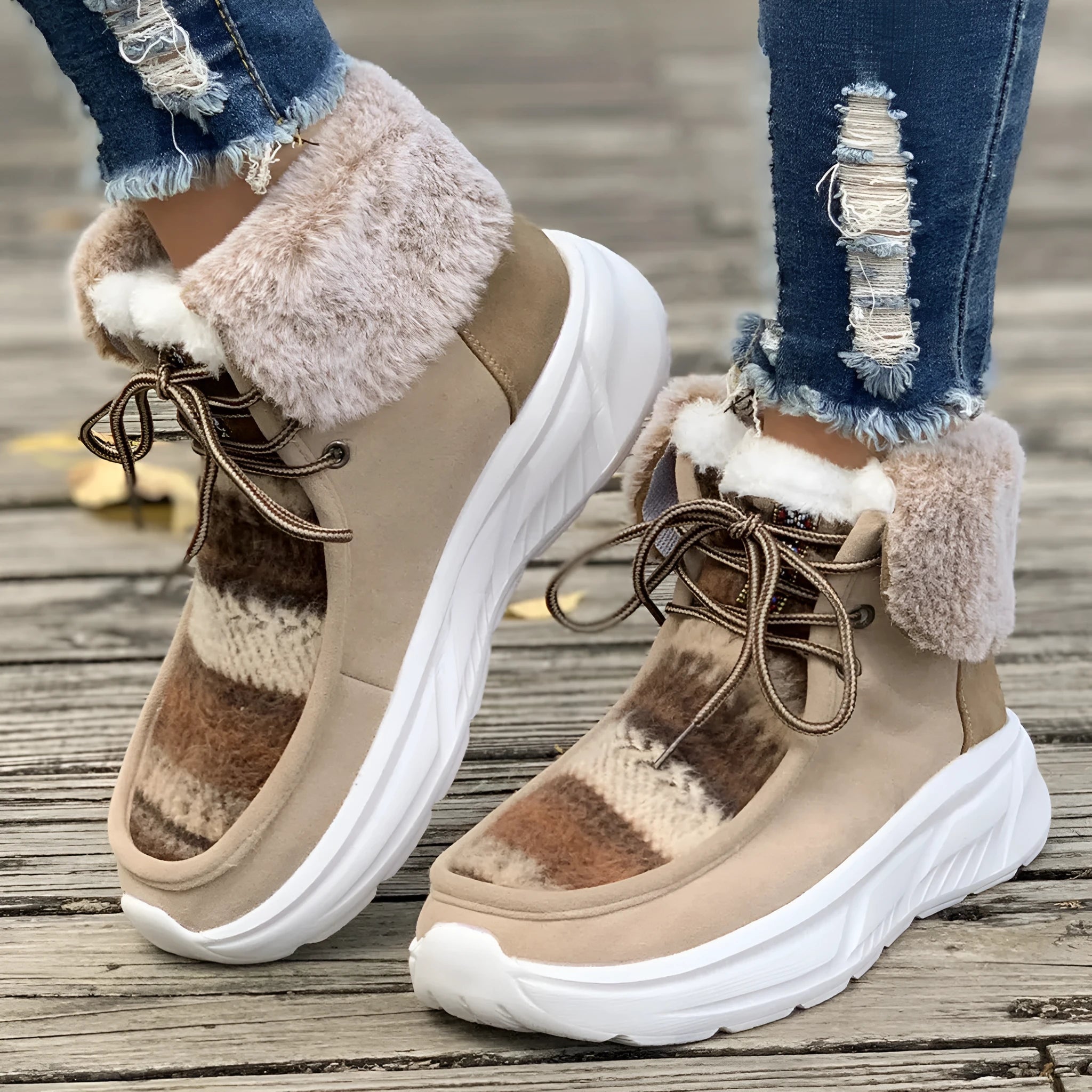 Women's lace-up snow boots with fuzzy suede upper, thermal plush lining, and thick rubber sole in beige colour