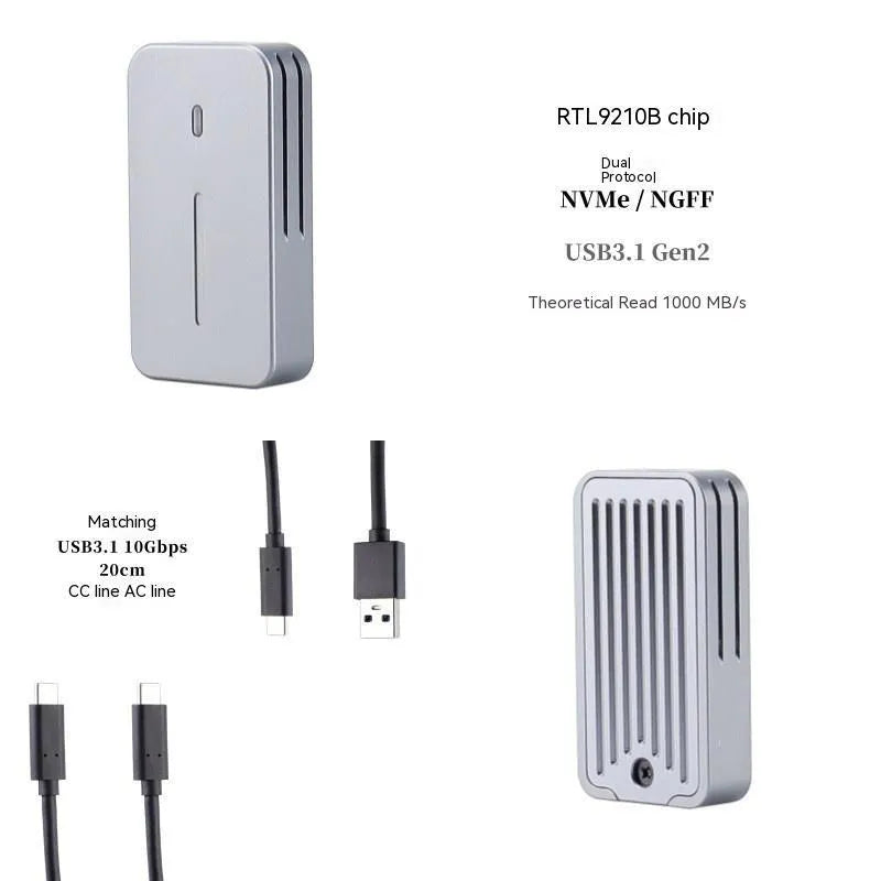Compact silver aluminium M.2 NVMe to USB-C SSD enclosure showing its small size and USB-C port.