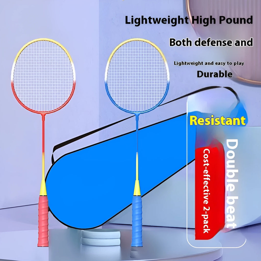 Ultra-light alloy badminton racket pair in blue and red colours for recreational play