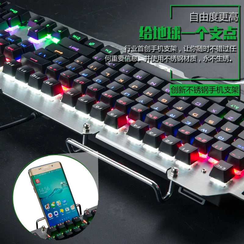Silver gray metal panel mechanical gaming keyboard with full-size UK layout and USB wired connection
