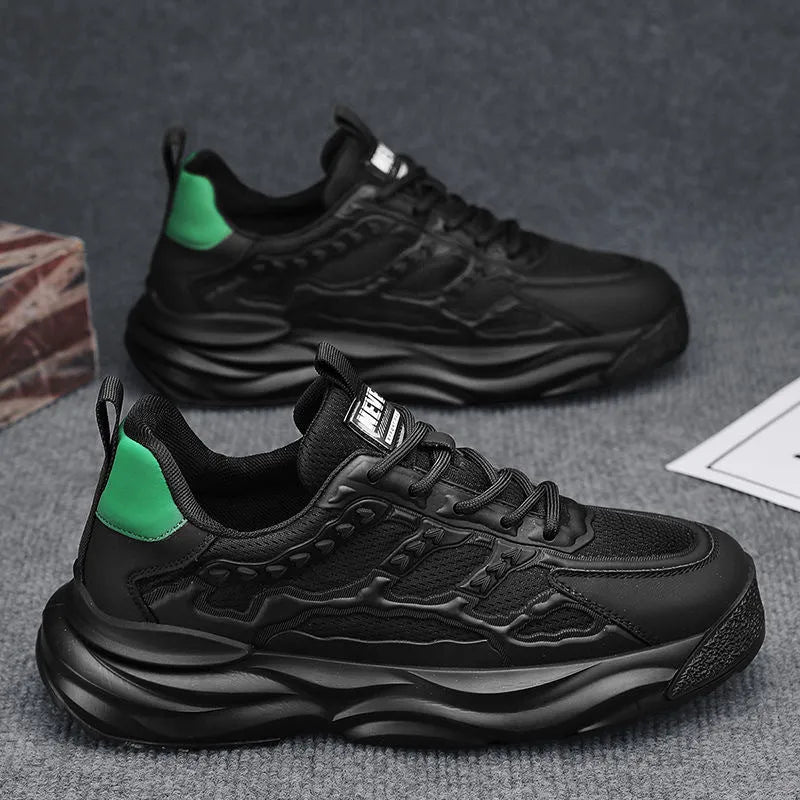 Men's breathable mesh shoes in white or black with PU mesh upper and round toe design