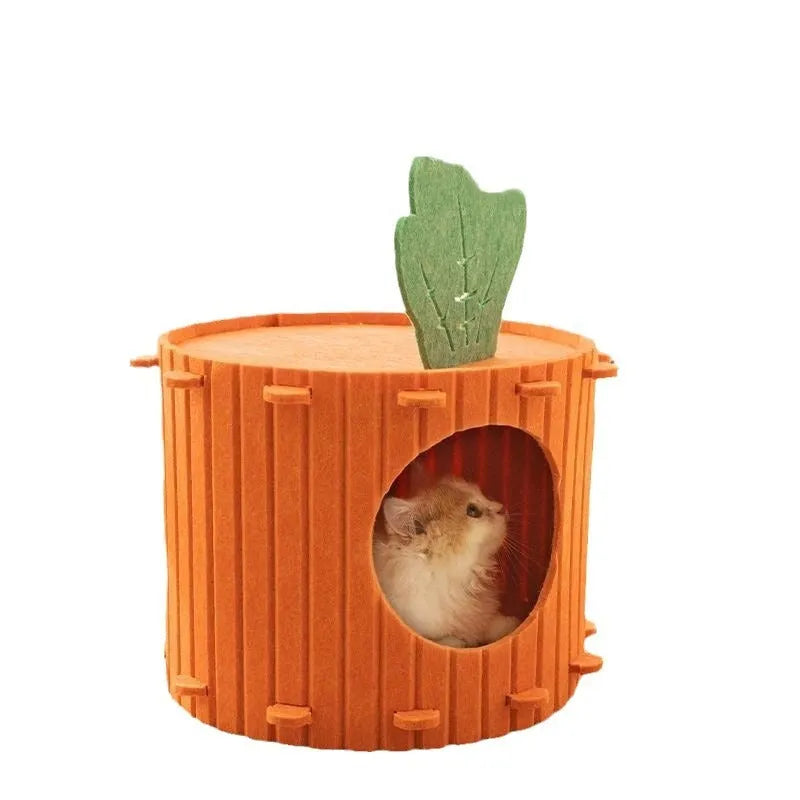 Carrot-shaped felt cat tunnel and semi-enclosed nest for indoor cats, shown in a colour assortment.