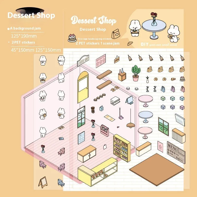Capabala pre-cut PET cartoon sticker sheet in themes like pink restaurant and green bookstore.