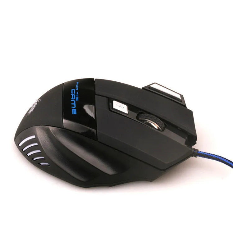 Black USB gaming mouse with colourful light, 6 buttons, nylon braided cable, Tyrannosaurus Rex design