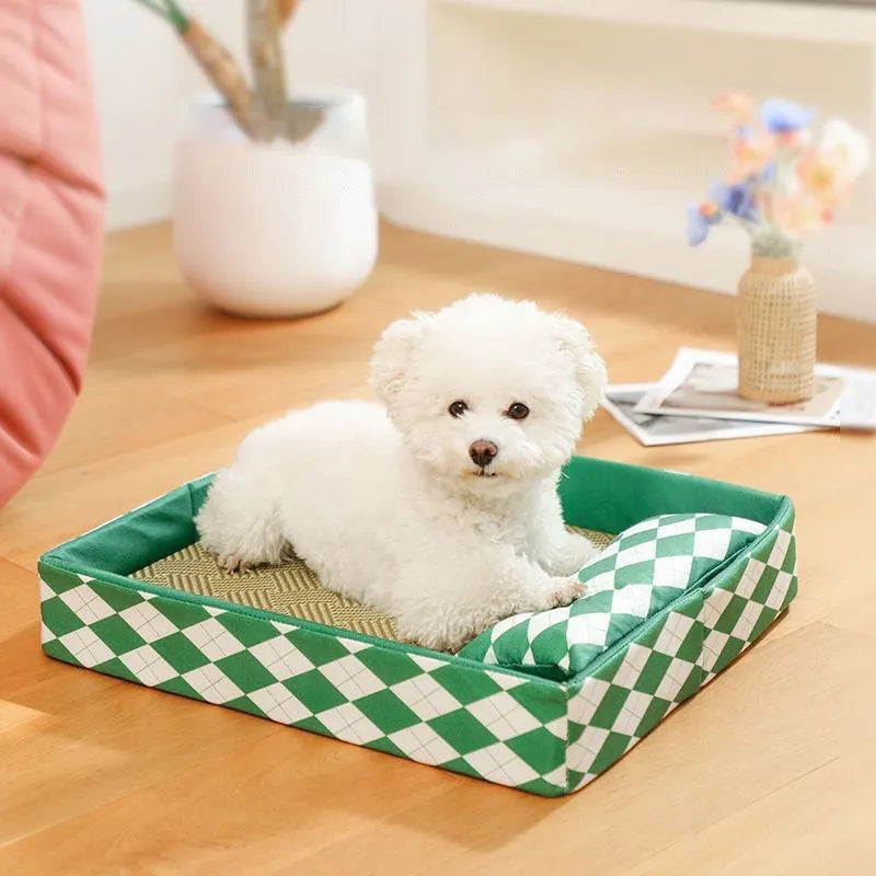 Blue rattan cat litter mat and sleeping bed next to a litter tray, showing woven texture and size scale.