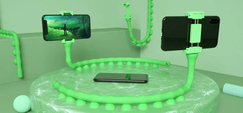 Flexible lazy bracket phone holder with suction cup mount in extended position
